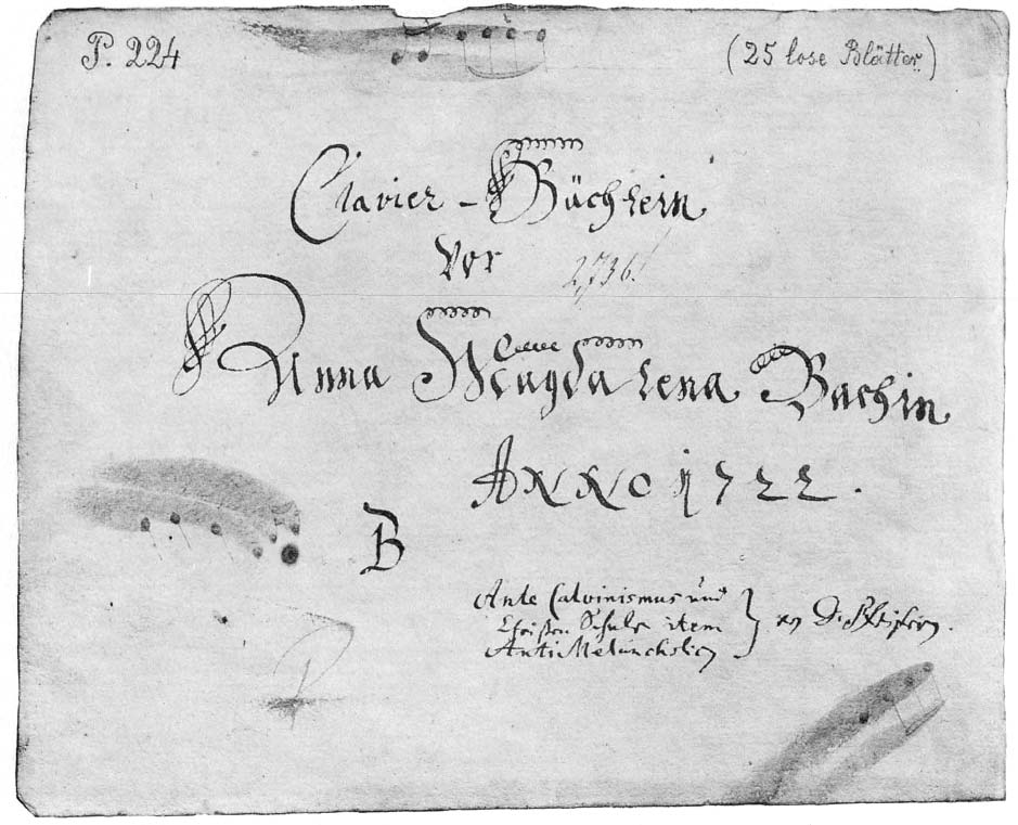 Обложка первого «Альбома Анны Магдалены Бах» 1722 года с посвятительной надписью Иоганна Себастьяна Баха.